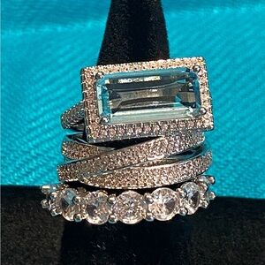 NEW Aquamarine and White CZ Stack Ring Set, Sz 7